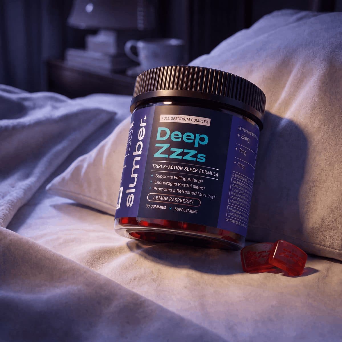 Deep Zzzs sleep gummies jar with raspberry gummies on a bed in soft evening light
