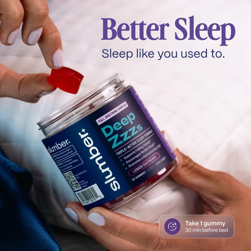 Hands holding a jar of Deep Zzzs and a red gummy in bed: take one gummy 30 minutes before bed