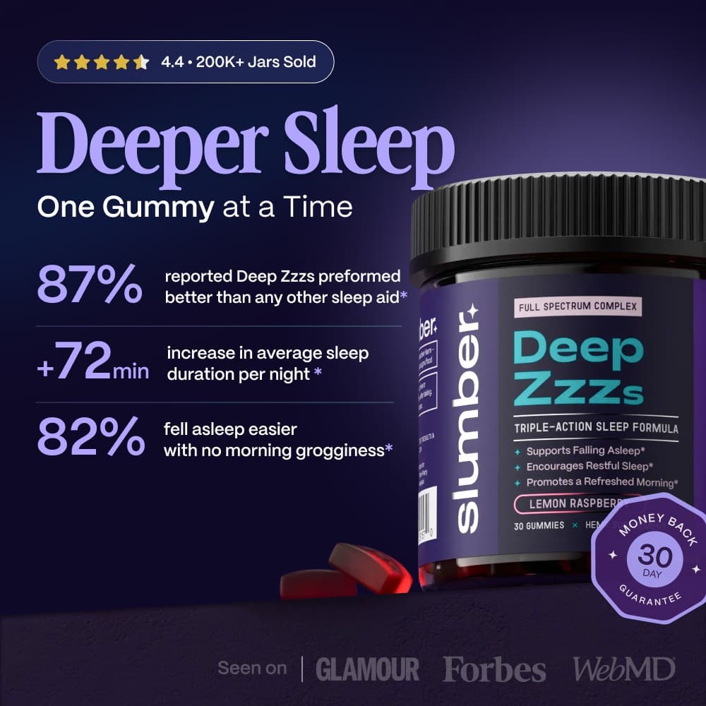 Deep Zzzs sleep gummies with a 30-day guarantee: 87% rated it better, +72 minutes more sleep, 82% fell asleep easier. Featured on Glamour, Forbes, WebMD